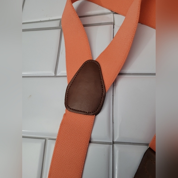 Mens Nylon Stretch Suspenders Braces Color Peach Melon Silver Faux Brown Leather - Picture 5 of 5